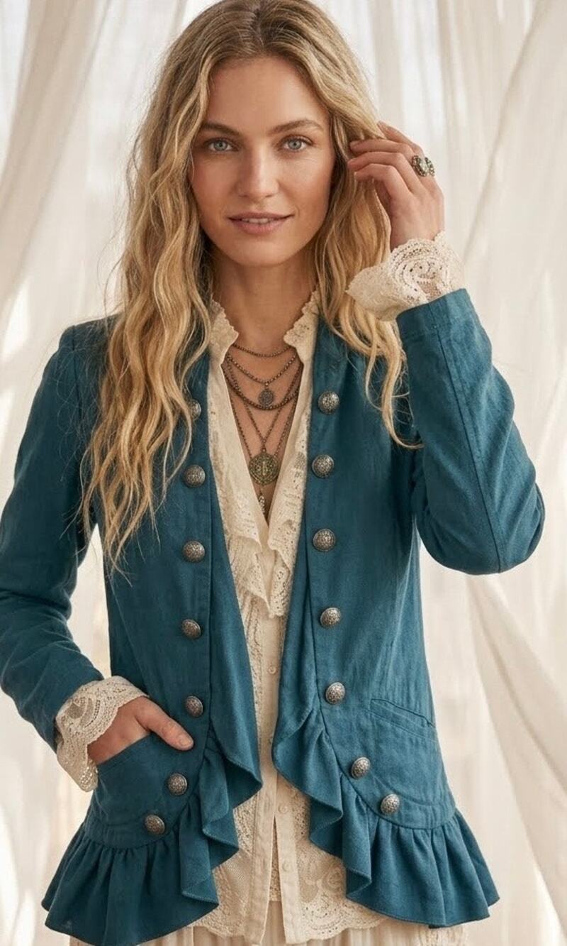 Free People Small Ruffles Romance Military Jacket Billy Saddle Jade